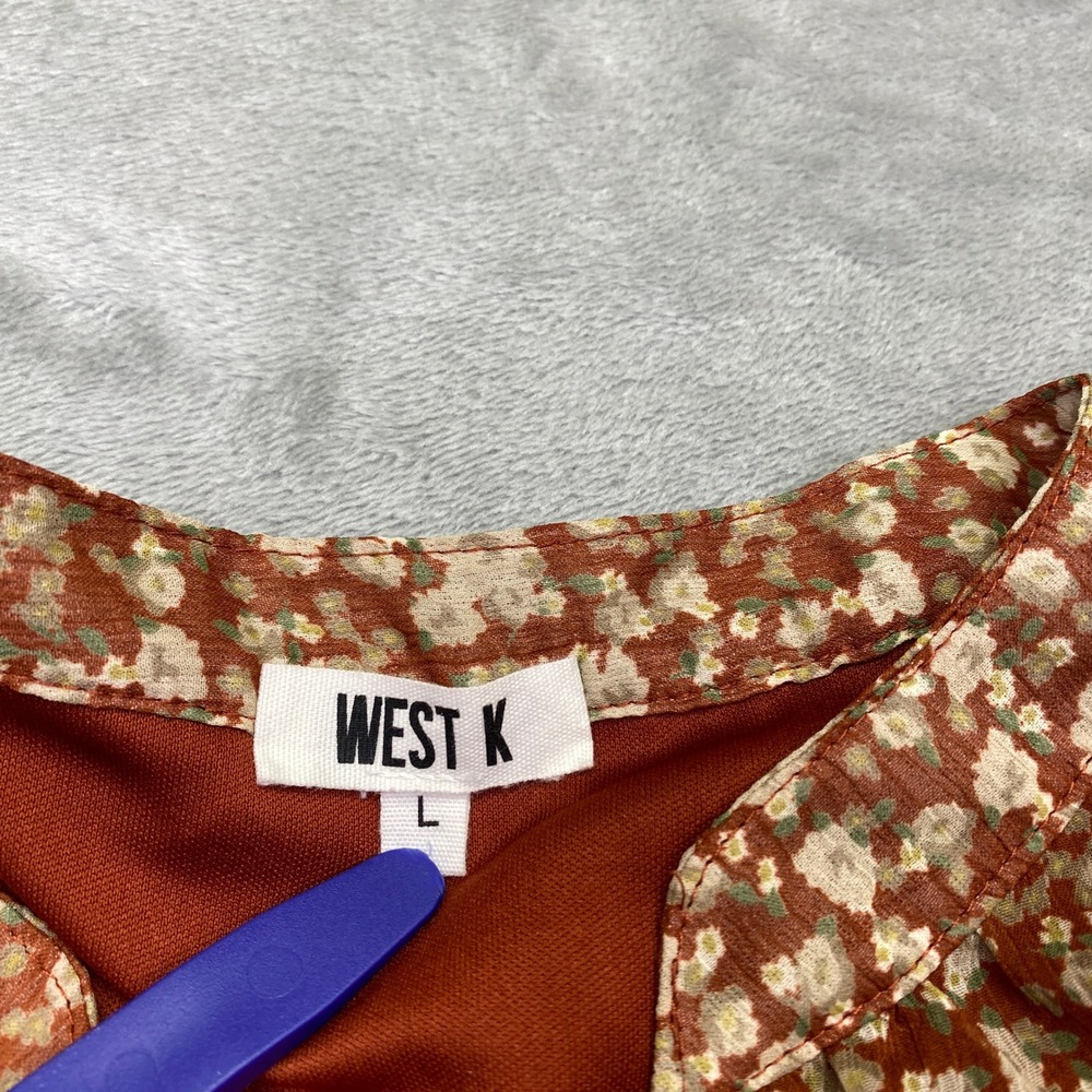 West K Jessica Rust Orange Floral Ditsy Print Tie Neck Bell Sleeve Blouse Sz L‎ - Picture 5 of 8